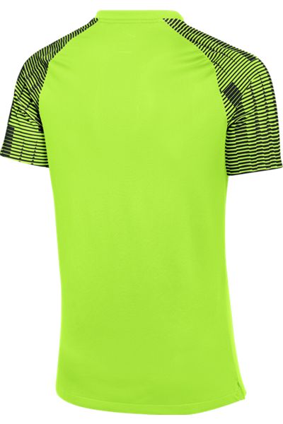 Back view of a lime green short-sleeved athletic jersey with black horizontal stripes on the shoulders and sleeves.