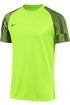 Bright neon green Nike short-sleeve athletic shirt with black striped raglan sleeves and a black swoosh logo on the chest.