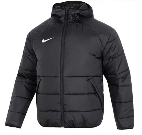 Black Nike hooded puffer jacket with a white swoosh logo and full-zip front.