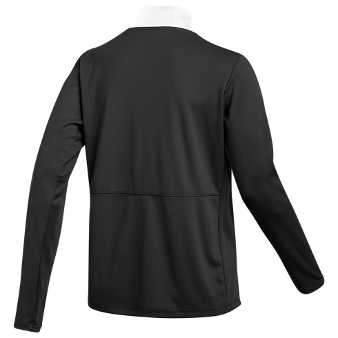 Rear view of a black long-sleeved jacket with a white mock-neck collar and a horizontal seam across the back.