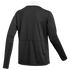 Rear view of a black long-sleeved jacket with a white mock-neck collar and a horizontal seam across the back.