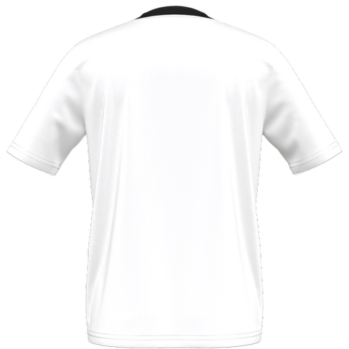 Rear view of a white short-sleeved shirt with a black collar.