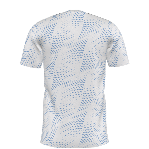 Back view of a white short-sleeved jersey featuring a wavy light blue halftone dot pattern.