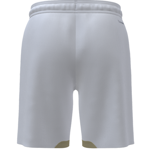 Back view of white athletic mesh shorts featuring an elastic waistband and small gold-colored panels on the inner hem of each leg.