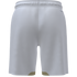 Back view of white athletic mesh shorts featuring an elastic waistband and small gold-colored panels on the inner hem of each leg.