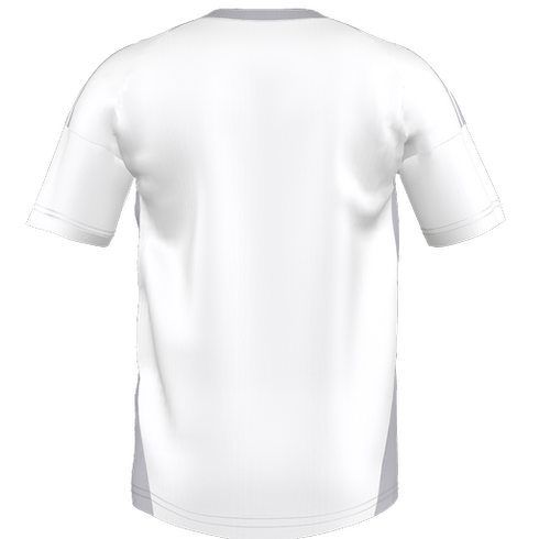 Back view of a white short-sleeved athletic shirt with grey side panels and trim, presented as a 3D digital model.