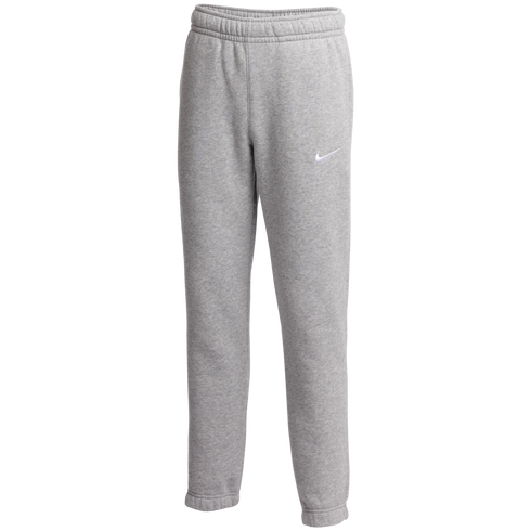 A pair of light gray Nike sweatpants with an elastic waistband and a white swoosh logo on the left leg.