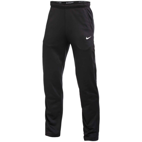 Black Nike athletic pants with a white swoosh logo on the left thigh and a branded waistband.