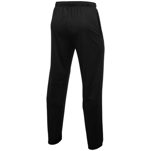 A rear view of black athletic training pants featuring an elastic waistband, side pockets, and tapered legs with horizontal seams above the knees.