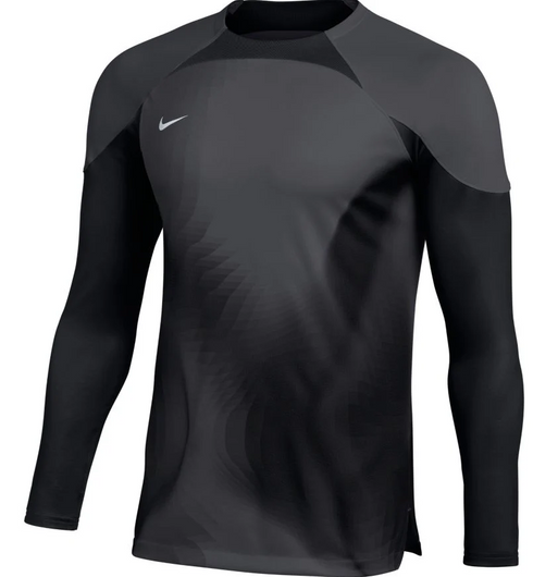 A long-sleeved Nike athletic shirt in shades of dark gray and black, featuring a tonal wavy pattern on the front and solid black sleeves.