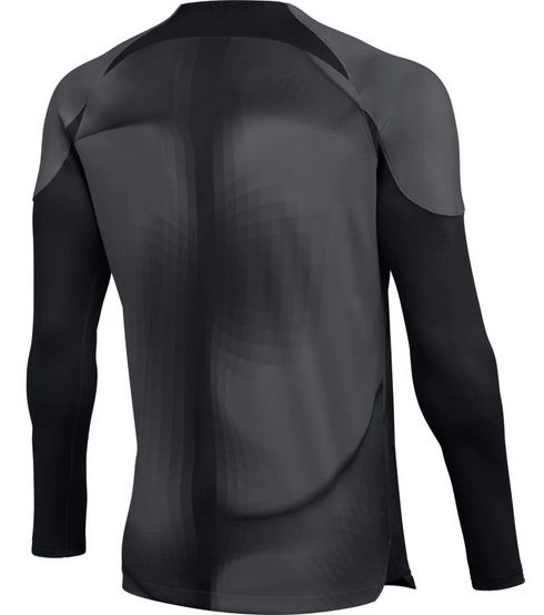 The back view of a long-sleeved athletic compression shirt in shades of black and gray, featuring a subtle wavy geometric pattern on the back panel and solid black sleeves.