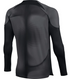 The back view of a long-sleeved athletic compression shirt in shades of black and gray, featuring a subtle wavy geometric pattern on the back panel and solid black sleeves.