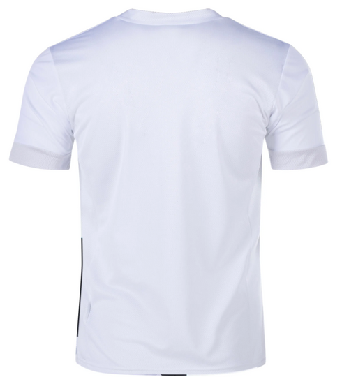 Back view of a white short-sleeved jersey with light grey sleeve cuffs and a thin black vertical stripe on the lower left side.