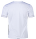 Back view of a white short-sleeved jersey with light grey sleeve cuffs and a thin black vertical stripe on the lower left side.