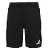 Black athletic shorts with a white Adidas logo on the lower left leg and a small green stripe on the upper right side.