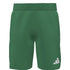 Green Adidas athletic shorts featuring an elastic waistband and white logo on the lower right leg.