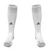 Pair of white knee-high Adidas athletic socks with a green logo on the shin and grey reinforced toes.
