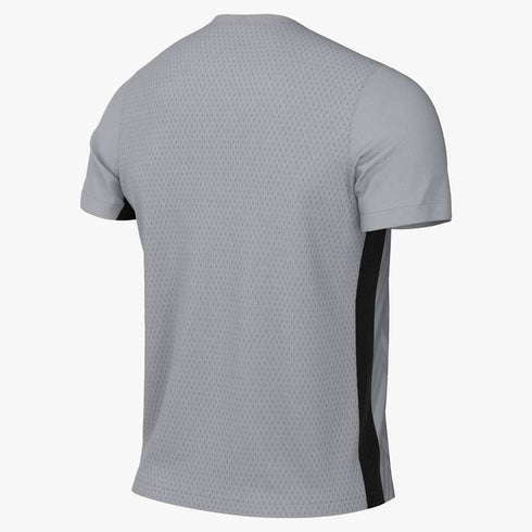 Rear view of a light gray, textured short-sleeved athletic t-shirt with a vertical black stripe on the side.
