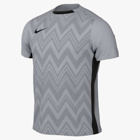 Light grey Nike athletic t-shirt with a zig-zag chevron pattern on the front. Features a black swoosh on the chest, a crew neck, and black side panels.