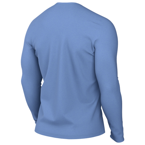 Back view of a plain light blue long-sleeved crew-neck t-shirt.