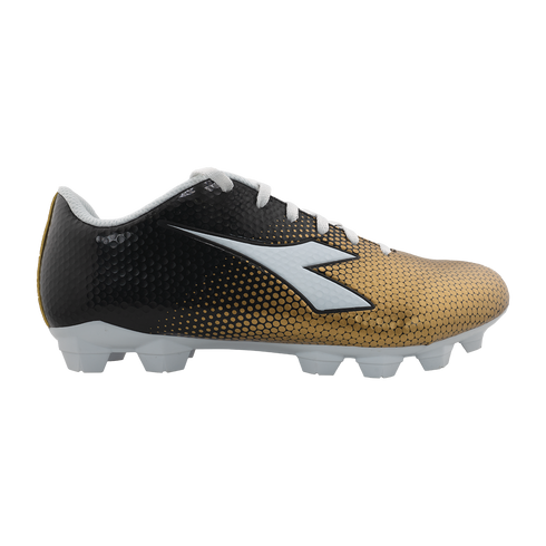 A Diadora soccer cleat with a black-to-gold gradient upper, a white logo on the side, white laces, and a white studded sole.