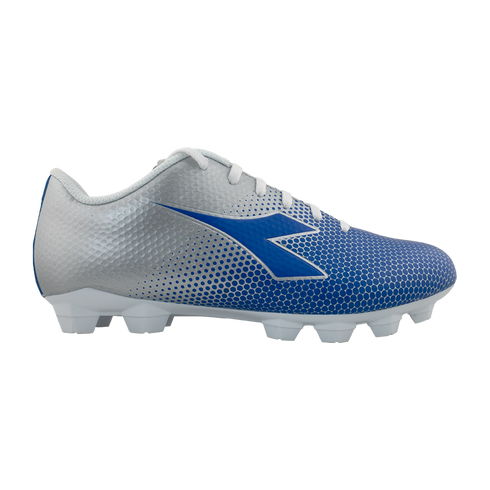 A side-view profile of a silver and blue Diadora soccer cleat with a textured honeycomb pattern, white laces, and white molded cleats.