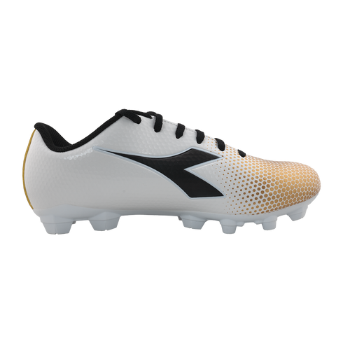 Side view of a white Diadora soccer cleat with black accents and a gold gradient dot pattern on the toe. Features a white cleated sole.