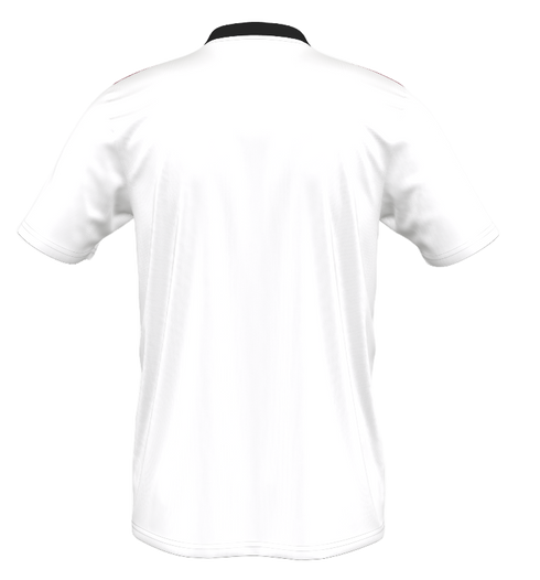 Back view of a white short-sleeved athletic jersey with a black collar and thin red shoulder stripes.