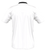 Back view of a white short-sleeved athletic jersey with a black collar and thin red shoulder stripes.
