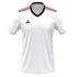 White Adidas athletic jersey featuring a black V-neck collar, maroon stripes on the shoulders, and a maroon logo on the right chest.