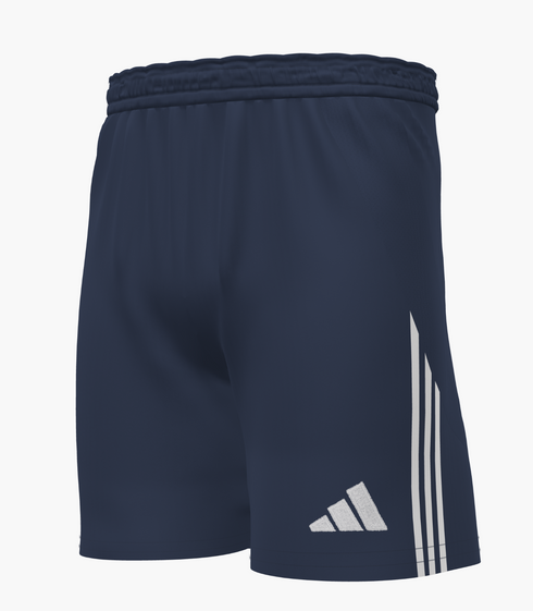 Navy blue Adidas athletic shorts with three white stripes on the side and a white logo on the front left leg.