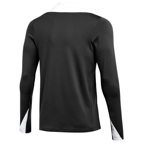 Back view of a black long-sleeved athletic shirt with a white collar and white triangular accents on the cuffs.