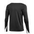 Back view of a black long-sleeved athletic shirt with a white collar and white triangular accents on the cuffs.