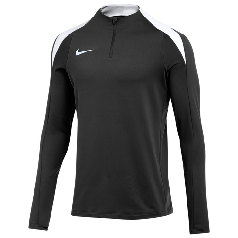 A black Nike long-sleeved half-zip athletic top with white shoulder panels and a white swoosh logo on the chest.