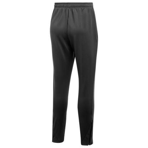 Rear view of black athletic pants with an elastic waistband and ankle zippers, displayed against a white background.