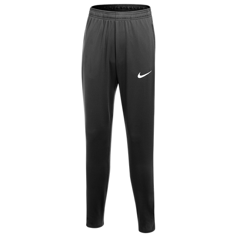 Black Nike athletic pants featuring a white swoosh logo on the left thigh and an elastic waistband.