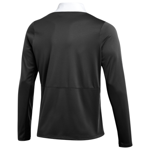 Back view of a black long-sleeved performance top featuring a white mock neck collar and a horizontal seam across the mid-back.