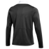 Back view of a black long-sleeved performance top featuring a white mock neck collar and a horizontal seam across the mid-back.