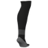 A side-back view of a black knee-high athletic sock with thin vertical stripes on the calf and a textured, striped pattern on the heel and sole.