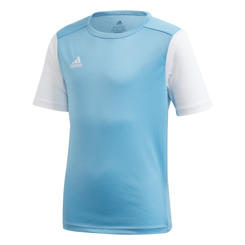 Light blue short-sleeved Adidas t-shirt with white sleeves and a white logo on the right chest. It features a crew neck and breathable athletic mesh fabric.
