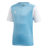 Light blue short-sleeved Adidas t-shirt with white sleeves and a white logo on the right chest. It features a crew neck and breathable athletic mesh fabric.