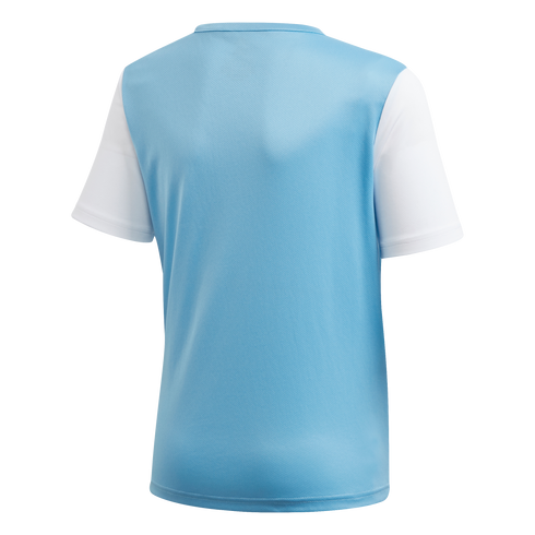 The back of a light blue short-sleeved sports jersey with white sleeves and a round neckline.