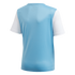 The back of a light blue short-sleeved sports jersey with white sleeves and a round neckline.
