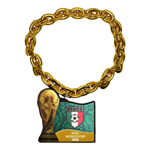 A thick, chunky gold-colored link chain with a large pendant. The pendant features a representation of the FIFA World Cup trophy, the Mexico national soccer team crest, and the text "FIFA WORLD CUP 26" against a green and yellow background.