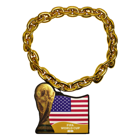 A chunky gold-colored link chain with a pendant featuring the FIFA World Cup trophy next to the United States flag and the text "FIFA WORLD CUP 26."