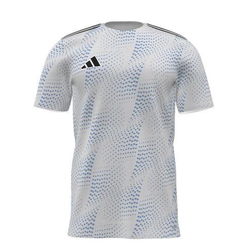 White athletic shirt with a light blue wavy halftone pattern, black stripes on the shoulders, and a black Adidas logo on the chest.