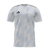 White athletic shirt with a light blue wavy halftone pattern, black stripes on the shoulders, and a black Adidas logo on the chest.