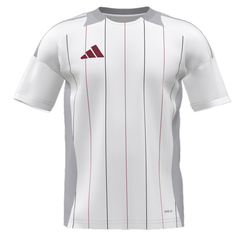 A white Adidas soccer jersey featuring thin maroon and grey vertical pinstripes, grey side panels, and a maroon Adidas logo on the chest.