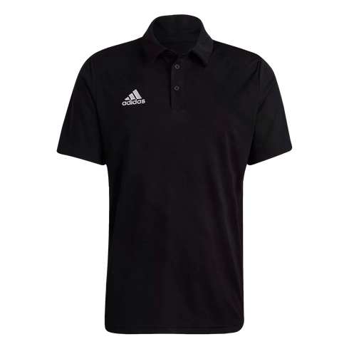 A front view of a black Adidas short-sleeved polo shirt with a white logo on the left chest. It features a traditional collar and a two-button placket.