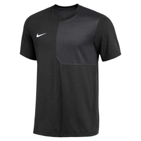 A black short-sleeved Nike performance shirt featuring a white swoosh on the right chest and a textured tonal panel on the left. Made from breathable mesh with a crew neckline.